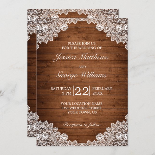 Invitación Boda Rustic Wood & White Lace (Anverso / Reverso)
