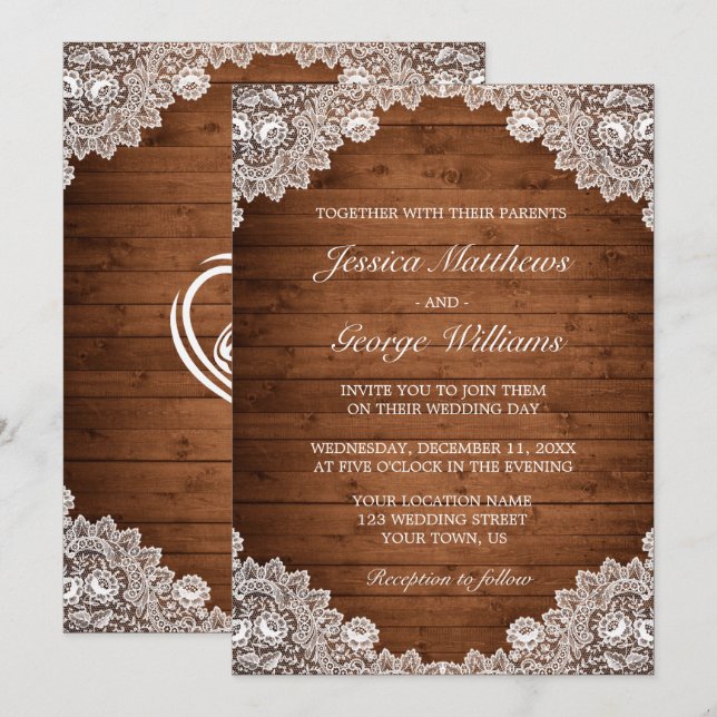 Invitación Boda Rustic Wood & White Lace (Anverso / Reverso)