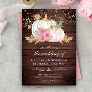 Invitación Boda Rustic Wood White Pumpkin Pink Floral Fall We