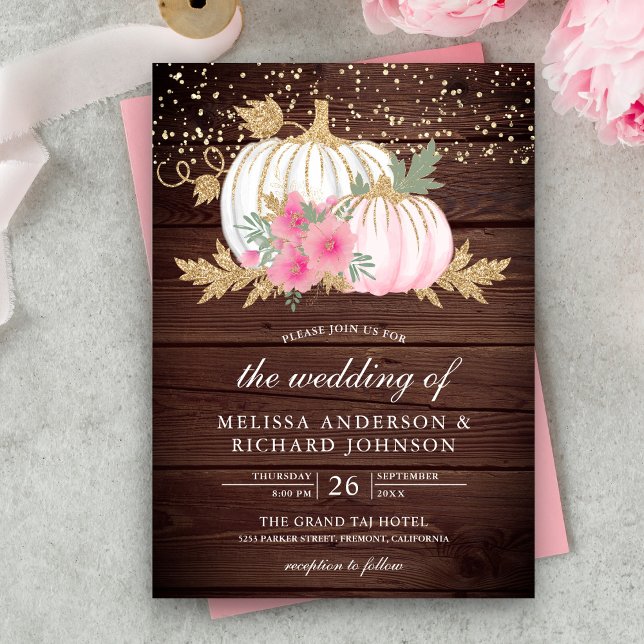 Invitación Boda Rustic Wood White Pumpkin Pink Floral Fall We (Subido por el creador)