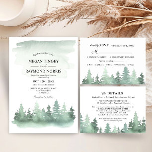 Invitación Boda rústica acuarela árbol pino montaña 