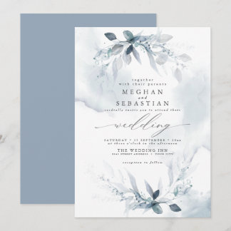 Invitación Boda Rústica Acuarela Dusty Azul Foliage