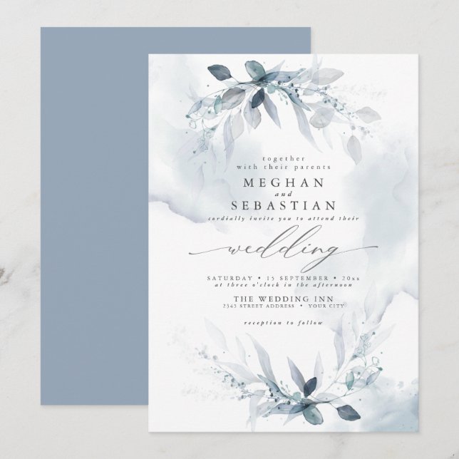 Invitación Boda Rústica Acuarela Dusty Azul Foliage (Anverso / Reverso)