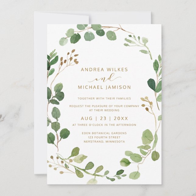 Invitación Boda Rústica Acuarela Eucalipto Verde Madera (Anverso)