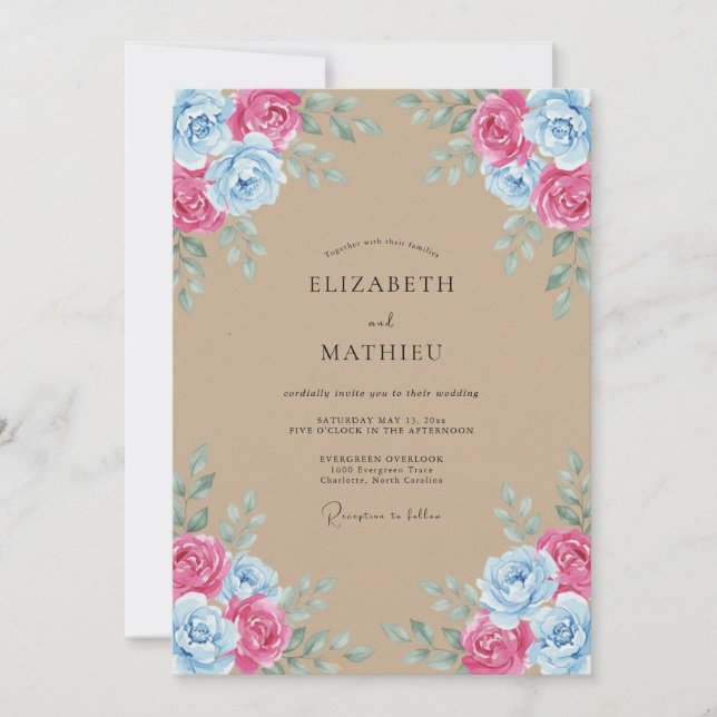 Invitación Boda Rústica Acuarela Rosa Azul (Anverso)