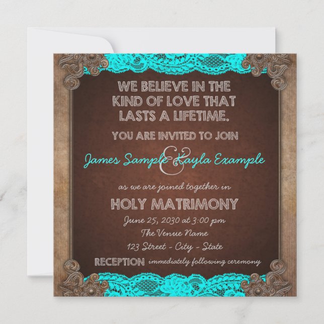 Invitación Boda Rústica Antiguada de Azul Teal y Marrón (Anverso)