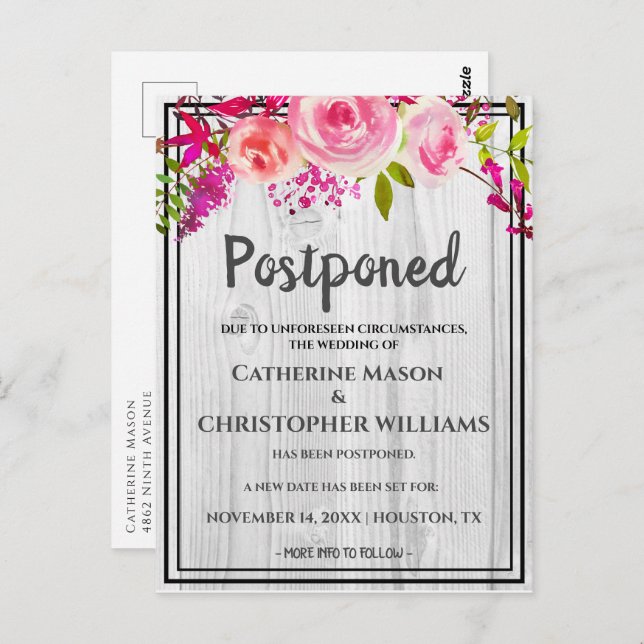 Invitación Boda Rústica Aplazada con Floral Rosa (Anverso / Reverso)