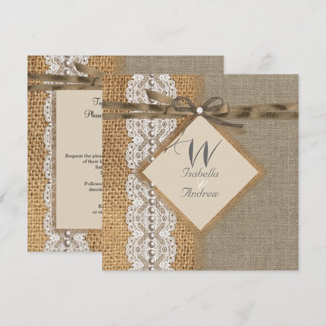 Invitación Boda Rústica Arpillera Hessian Encaje Perla (Anverso / Reverso)