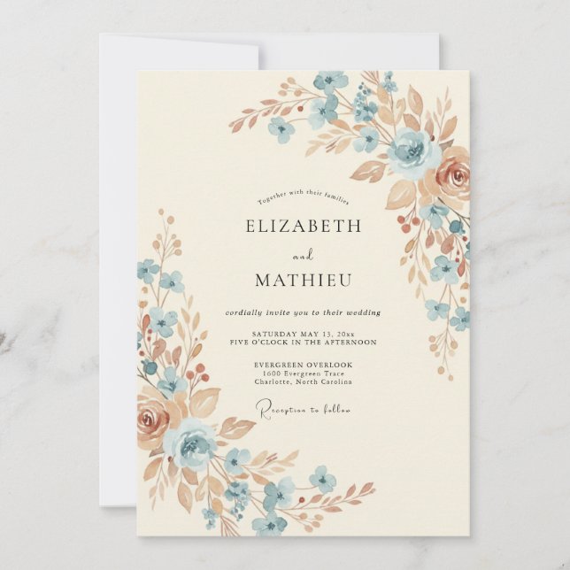 Invitación Boda rústica artística azul polvoriento (Anverso)