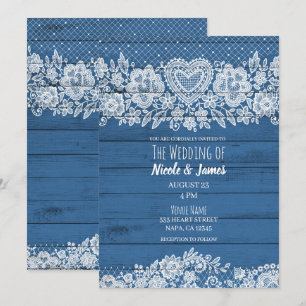 Invitación Boda Rústica Azul con Encaje de Madera en una Gran