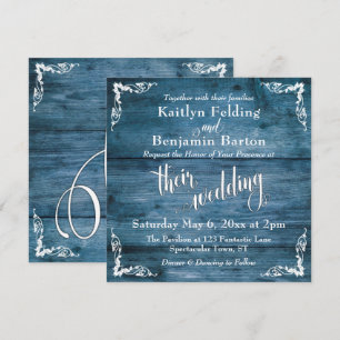 Invitación Boda Rústica Azul, Esquina Ornamentada, Letra Scri