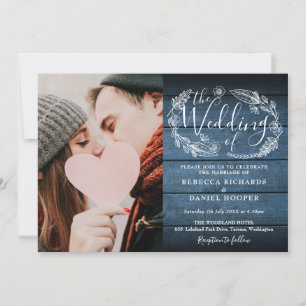 Invitación Boda Rústica Azul Follaje Foto Todo en Uno