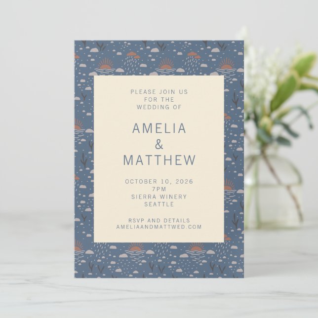 Invitación Boda rústica azul y boho naturaleza  (Anverso de pie)