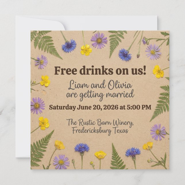 Invitación Boda Rústica - Bebidas Gratis de Nuestra Parte - L (Anverso)