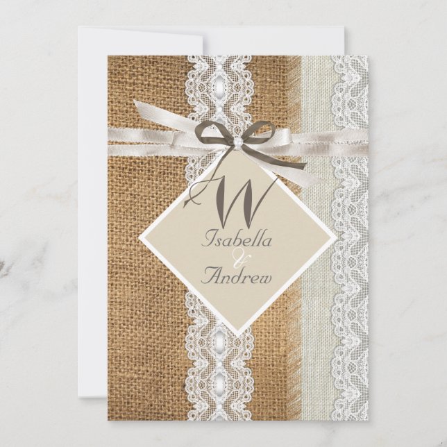 Invitación Boda Rústica Beige Blanco Encaje Arpillera Perla 5 (Anverso)