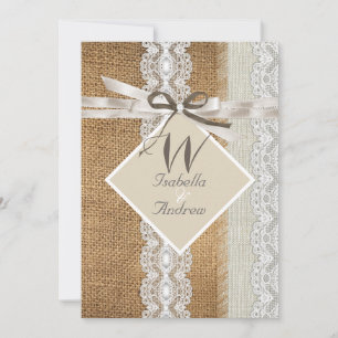 Invitación Boda Rústica Beige Blanco Encaje Arpillera Perla 5