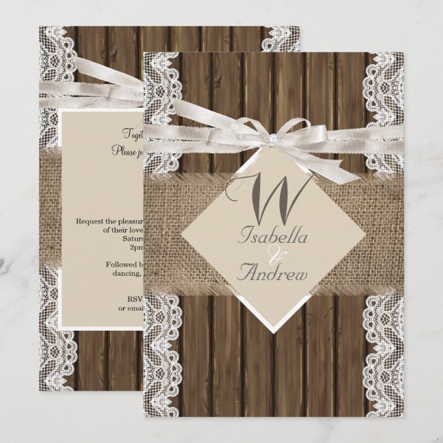Invitación Boda Rústica Beige Encaje Blanco Madera Arpillera  (Anverso / Reverso)