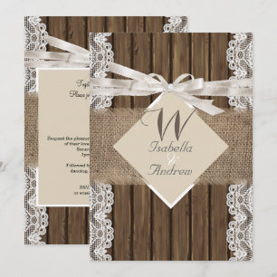 Invitación Boda Rústica Beige Encaje Blanco Madera Arpillera