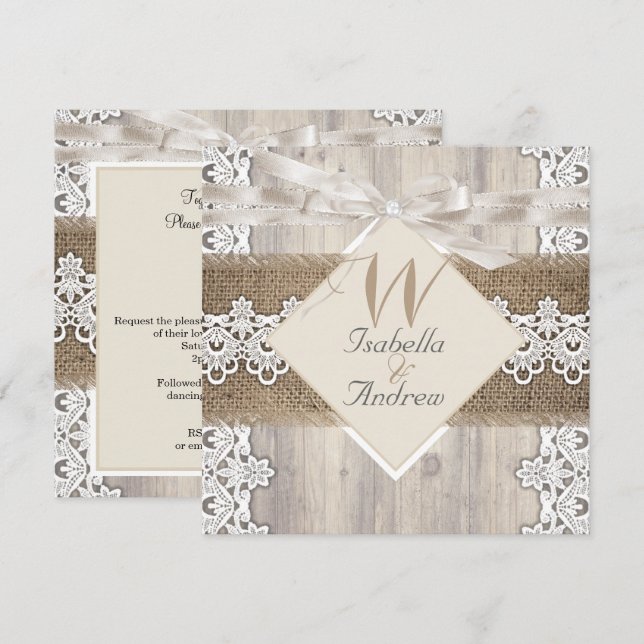 Invitación Boda Rústica Beige Encaje Blanco Madera Arpillera  (Anverso / Reverso)