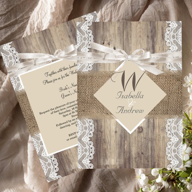 Invitación Boda Rústica Beige Encaje Blanco Madera Arpillera  (Subido por el creador)