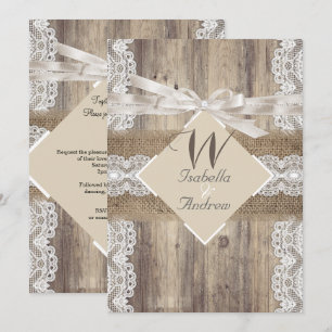 Invitación Boda Rústica Beige Encaje Blanco Madera Arpillera