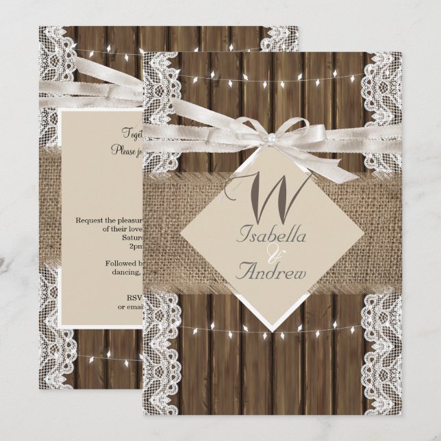 Invitación Boda Rústica Beige Encaje Blanco Madera Arpillera  (Anverso / Reverso)
