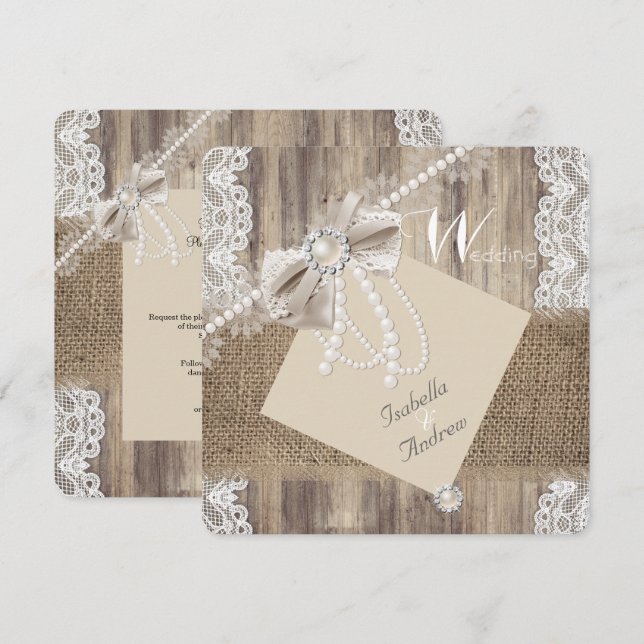 Invitación Boda Rústica Beige Encaje Perla Madera Arpillera 3 (Anverso / Reverso)