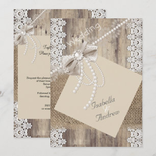 Invitación Boda Rústica Beige Encaje Perla Madera Arpillera 4