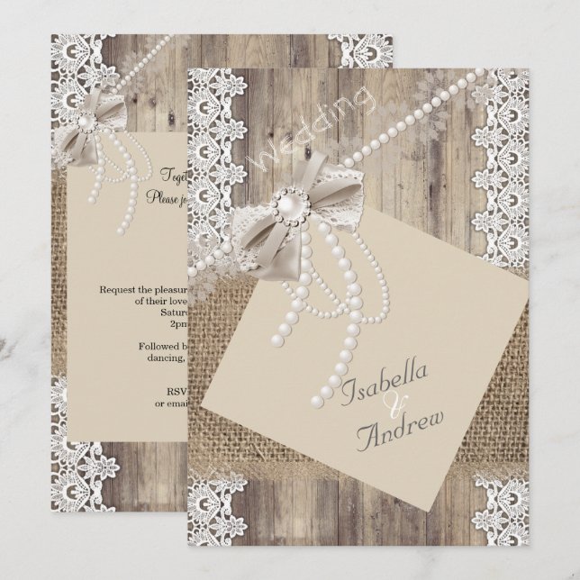 Invitación Boda Rústica Beige Encaje Perla Madera Arpillera 4 (Anverso / Reverso)