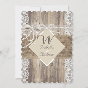 Invitación Boda Rústica beige perla encaje madera arpillera