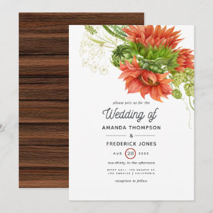 Invitación Boda Rústica Bohemiana Acuarela con Girasoles Rojo