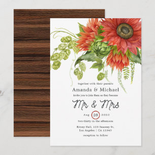 Invitación Boda Rústica Bohemiana Acuarela con Girasoles Rojo