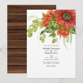 Invitación Boda Rústica Bohemiana de Girasoles Rojos en Acuar