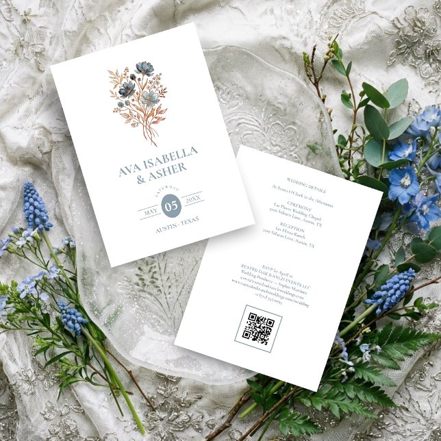 Invitación Boda Rústica Boho Botánica Posy Azul TLW26 (Rustic Boho Botanical Posy Dusty Blue Wedding Invitation Card with a Lovely Watercolor Effect.)
