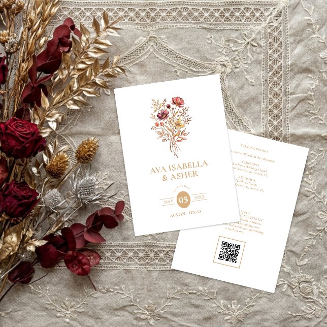 Invitación Boda Rústica Boho Botánica Posy Dorado TLW26 (Rustic Boho Botanical Posy Gold Wedding Invitation Card with a Lovely Watercolor Effect.)
