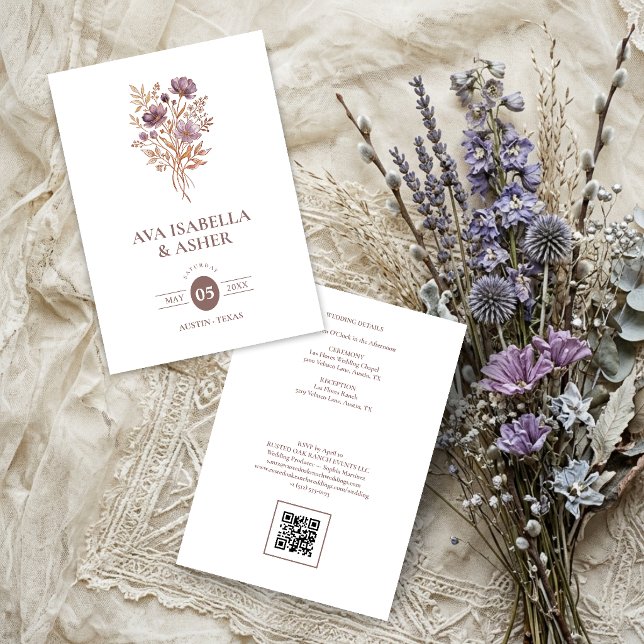 Invitación Boda Rústica Boho Botánica Posy Malva TLW26 (Rustic Boho Botanical Posy Mauve Purple Wedding Invitation Card with a Lovely Watercolor Effect.)