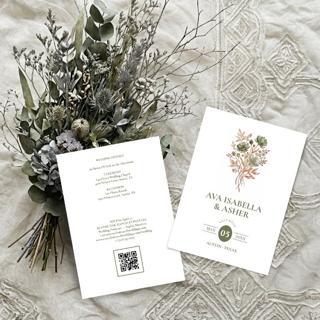 Invitación Boda Rústica Boho Botánica Posy Sage TLW26 (Rustic Boho Botanical Posy Sage Green Wedding Invitation Card with a Lovely Watercolor Effect.)