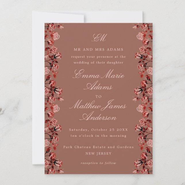 Invitación Boda Rústica Boho Chic con Aquarela Marrón Granate (Anverso)