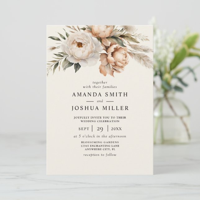 Invitación Boda Rústica Boho con Florales Secos y Hierba de P (Anverso de pie)