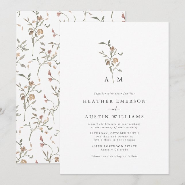 Invitación Boda Rústica Boho con Monograma (Anverso / Reverso)