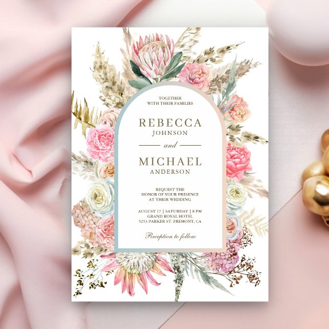 Invitación Boda Rústica Boho de Floral Rosa Claro con Pampas (Subido por el creador)