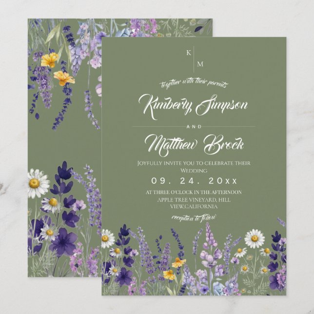 Invitación Boda rústica boho de salvia de flor silvestre y la (Anverso / Reverso)