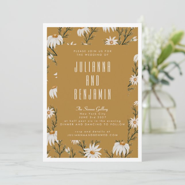Invitación Boda Rústica Boho Floral Amarillo Mostaza (Anverso de pie)