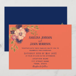 Invitación Boda Rústica Boho Floral Azul Marino y Coral