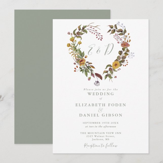 Invitación Boda rústica boho floral corazón verde salvia (Anverso / Reverso)