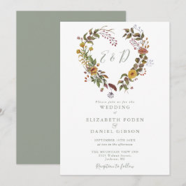 Invitación Boda rústica boho floral corazón verde salvia