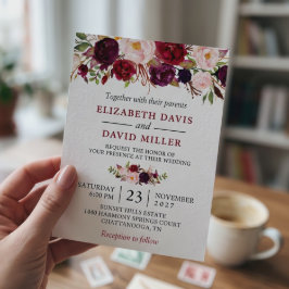 Invitación Boda Rústica Boho Floral Rojo Burdeos Acuarela