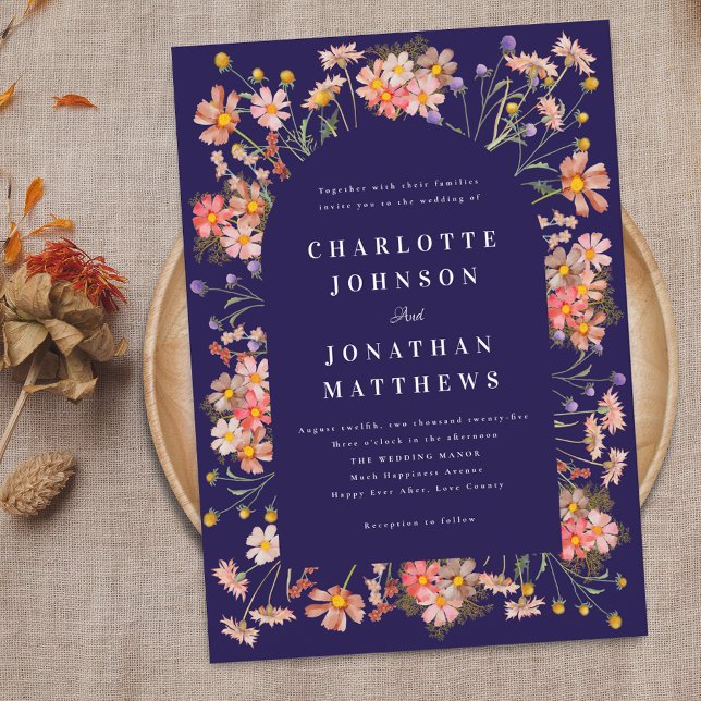 Invitación Boda Rústica Boho Flores Silvestres Azul Marino (rustic floral arch elegant navy blue fall wedding invitation Watercolor wild flowers modern stylish )