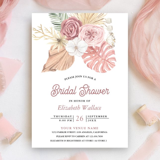 Invitación Boda Rústica Boho Palma Rosas Polvorientas Rosa Cl (Subido por el creador)
