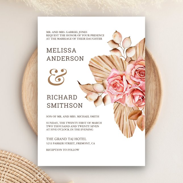 Invitación Boda Rústica Boho Palma Seca Terrosa Rosa Melocotó (Subido por el creador)
